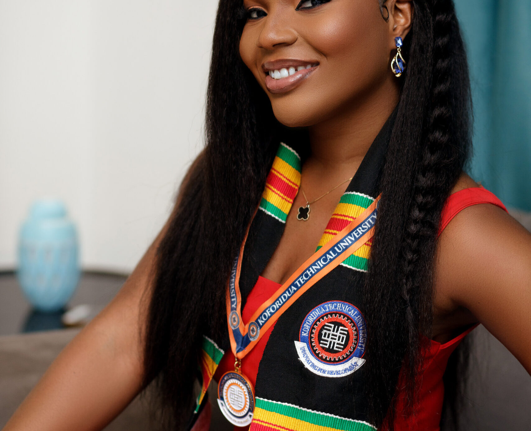Koforidua Technical University graduate wearing a custom Kente Graduation Stole
