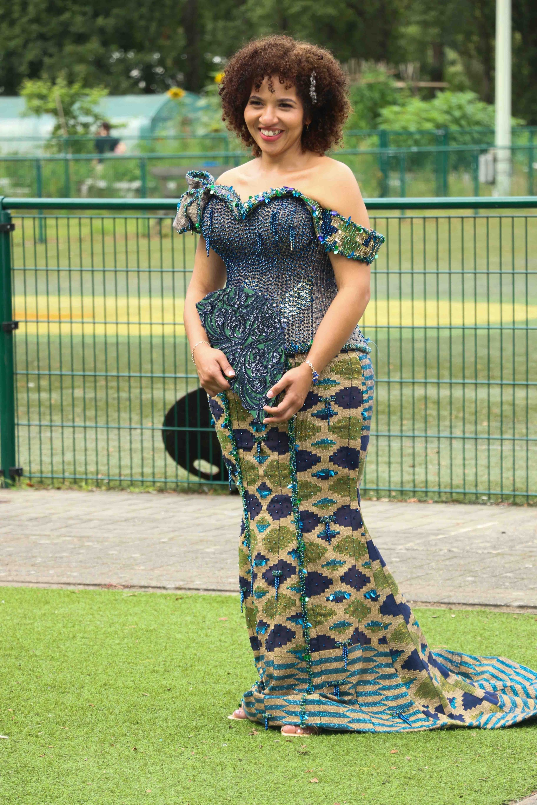 Green and blue bespoke Kente gown trend inspiration