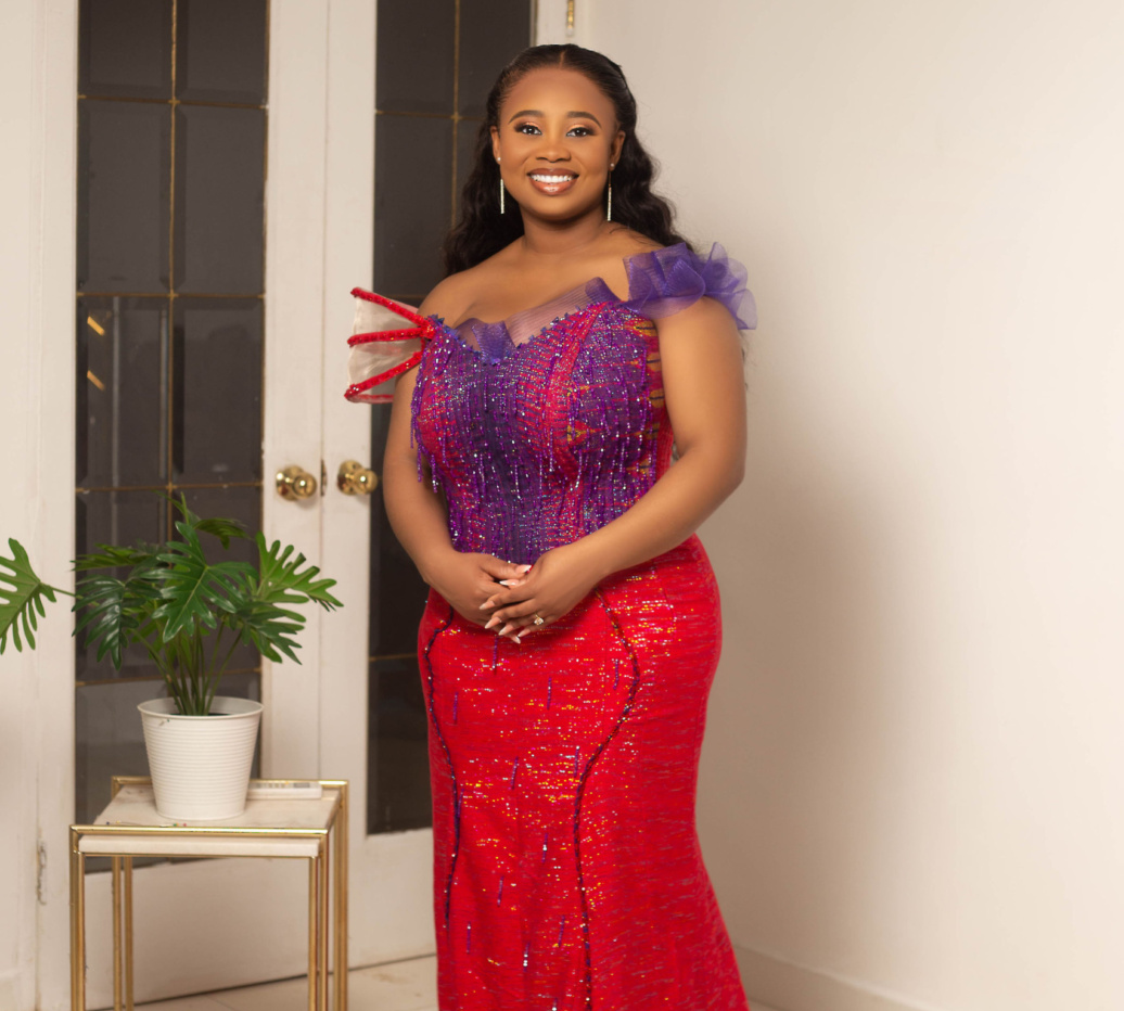 Bespoke Hinkro Kente purple and red gown inspiration